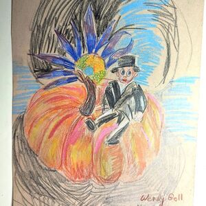 Wendy Gell Art Little Pumpkin Man colored pencils, sunflower fantasy still life.